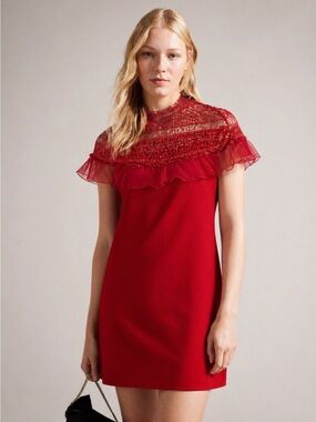 Ted Baker London Red Lace Yoke Mini Dress | Size 1 | Like New (Small-4)